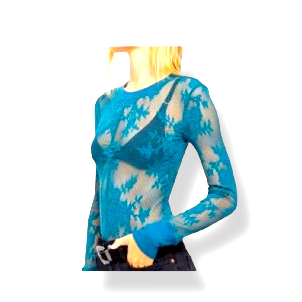 Free People Teal Blue Sheer Lace Long Sleeve Tee
